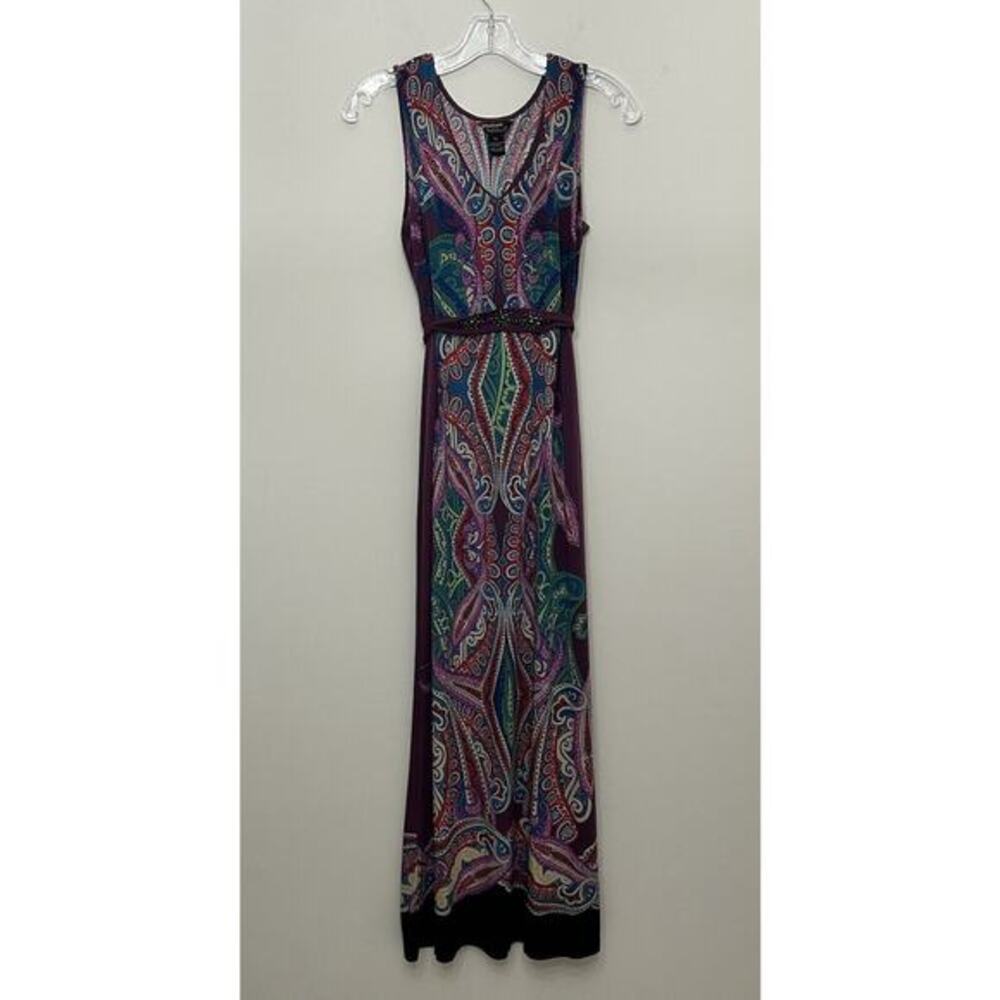 Signature By Robbie Bee Maxi Dress Womens Petite Medium PM Paisley Beaded‎ Boho
